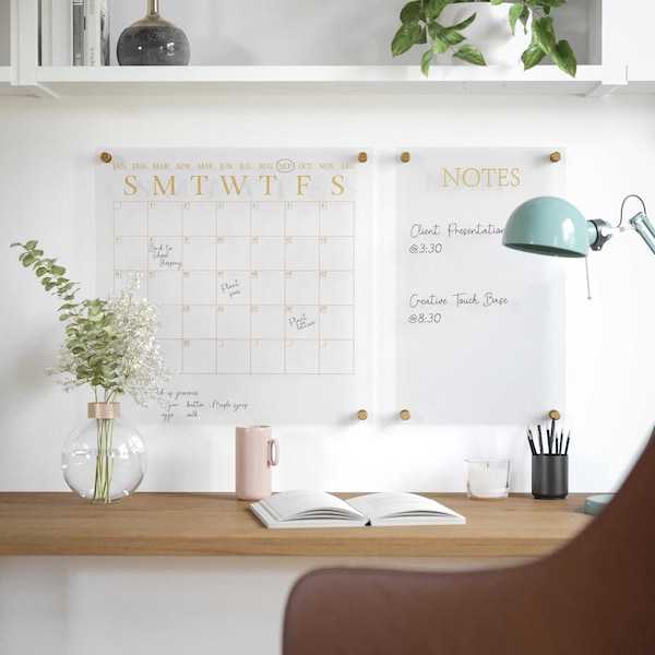 Martha Stewart Grayson Acrylic Wall Calendar & Notes Board Set W/ Marker & Mntng Hrdwr, Clear W/ Gold Print BR-ACS-284545-GD-2-CLRGLD-MS - main